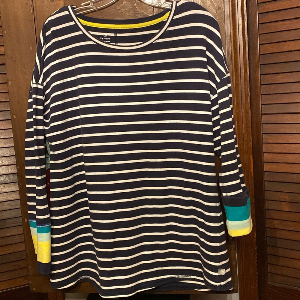 T By Talbots Navy and White Drop Sleeve Tunic Colorful Sleeves Size Large